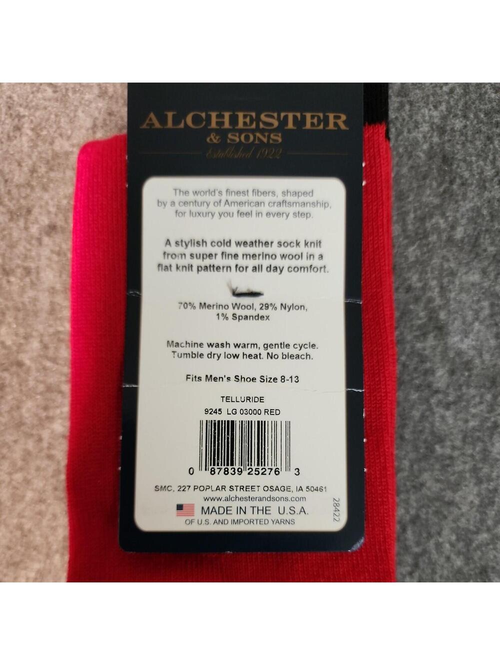 Red Merino Wool Socks Sz 8-13 Alchester Telluride Red Crew Dress Made in USA - Picture 3 of 3